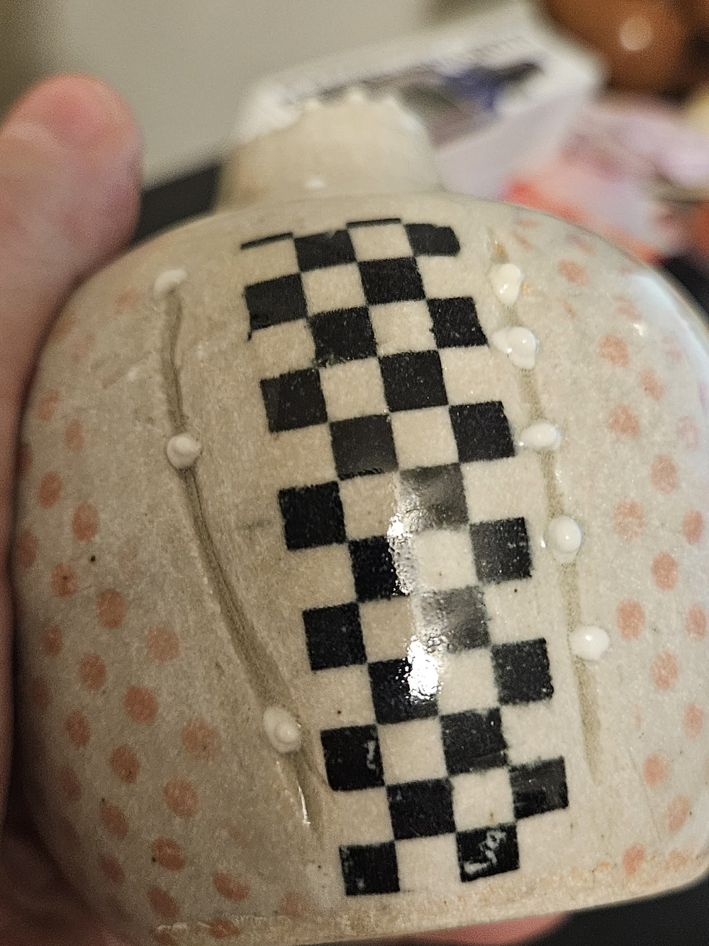Handcrafted Small  Ceramic Vase with Black Check and Peach Dot Pattern